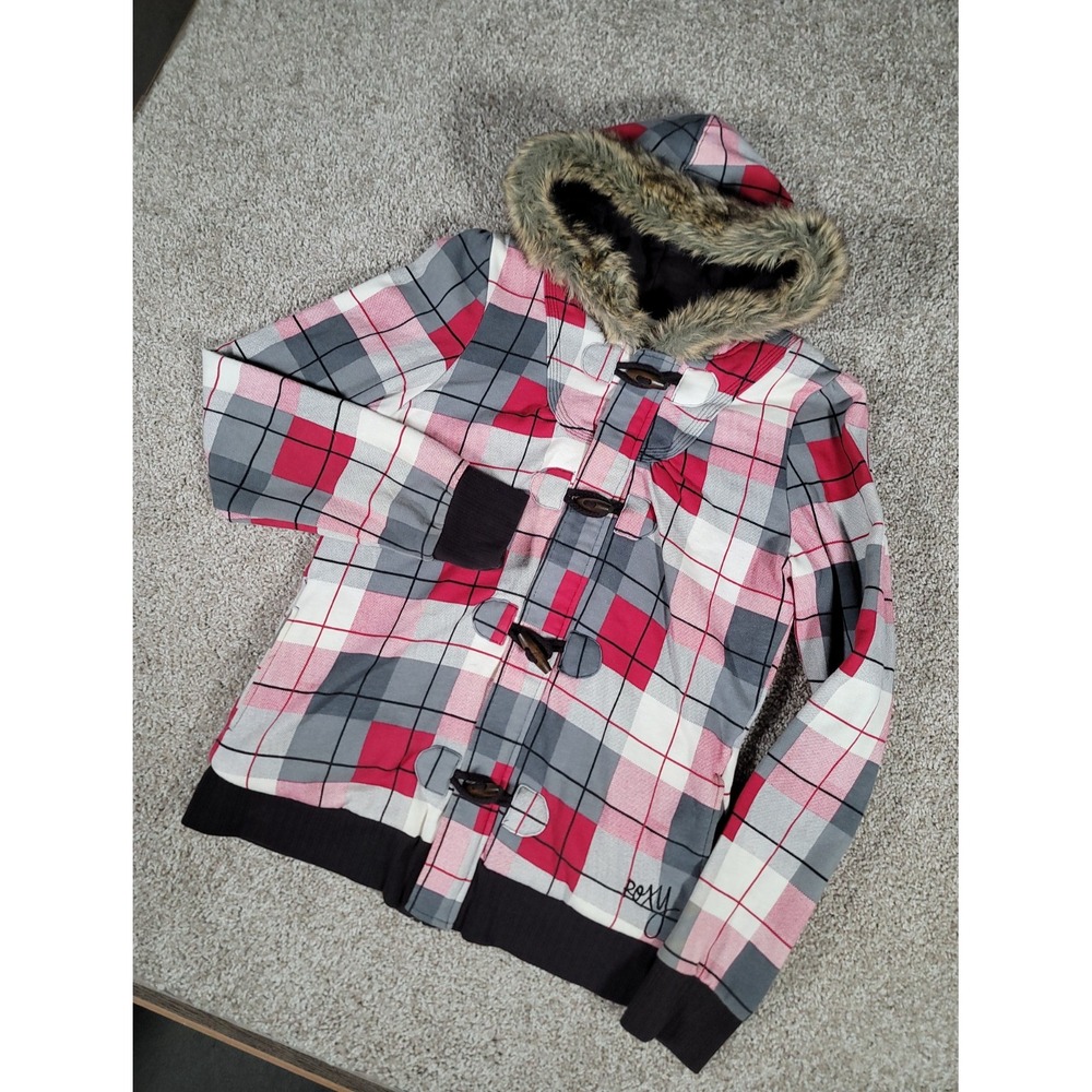 Roxy Hooded Jacket Large Juniors Fur Hood Plaid Y2K Grunge Toggle Surf Skate VTG